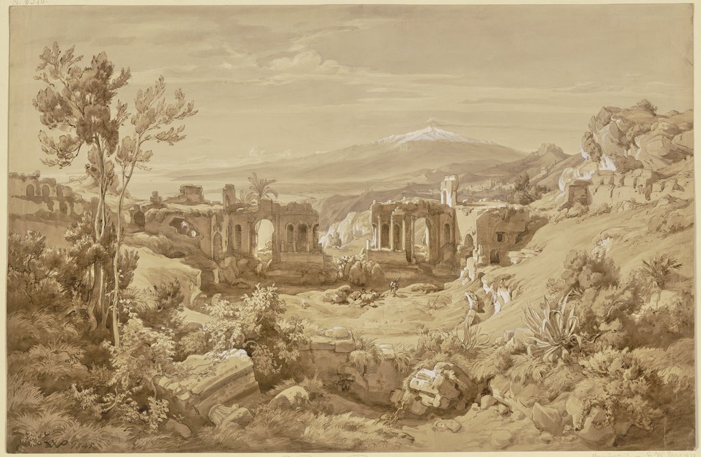Das antike Theater von Taormina, im Hintergrund der rauchende Ätna, Eduard Wilhelm Pose