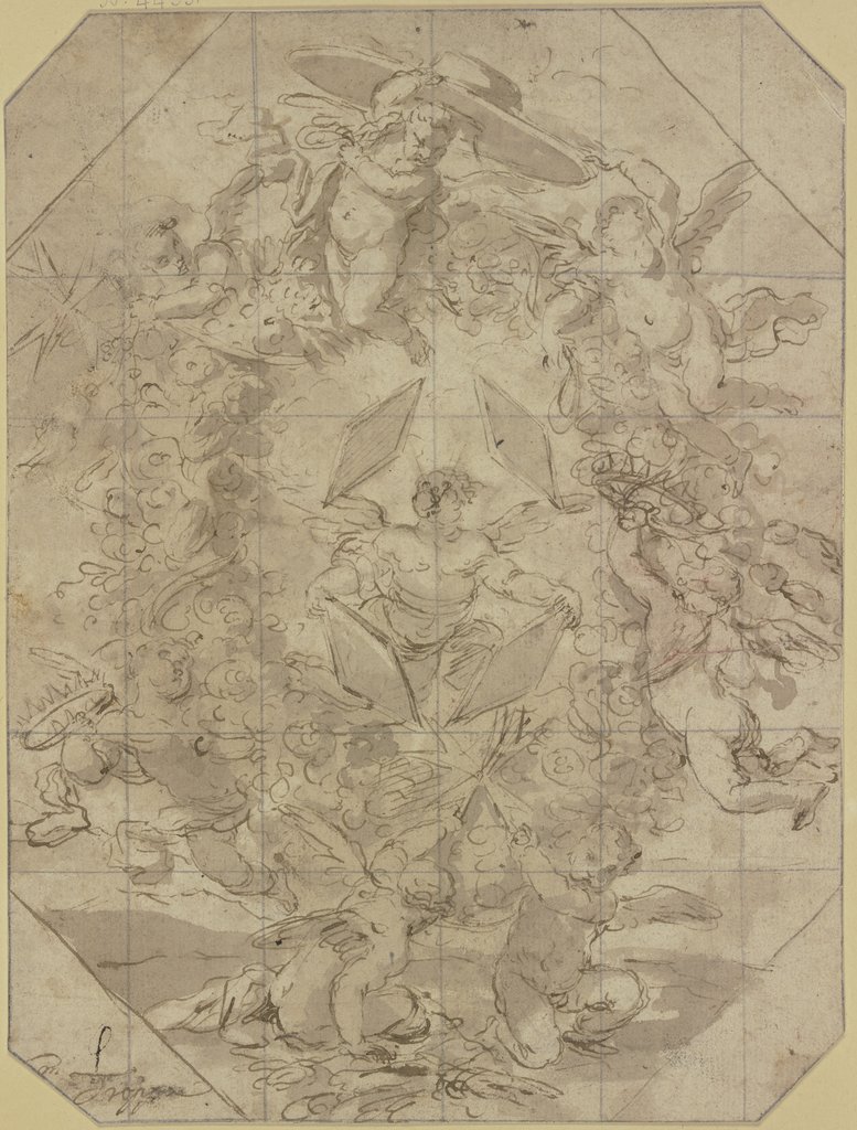 Blumenkranz, von Engeln getragen, ein Engel trägt einen Kardinalshut, Girolamo Troppa