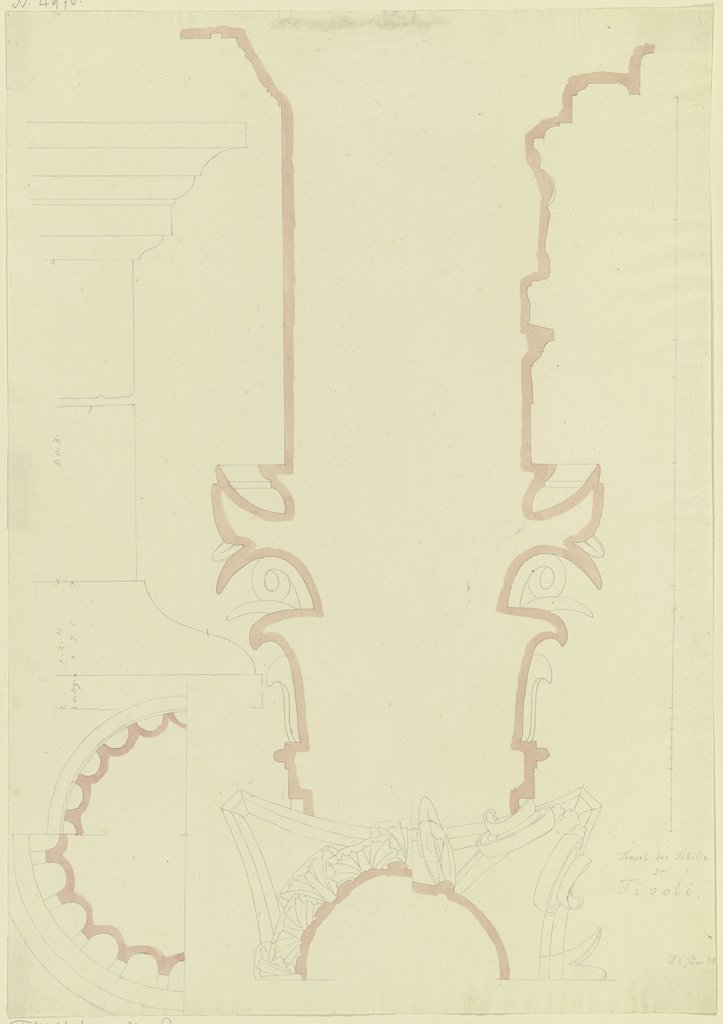 Profile eines Kompositkapitells, Säulenschaftes und Architravs vom Tempel der Sibylle in Tivoli, Friedrich Maximilian Hessemer