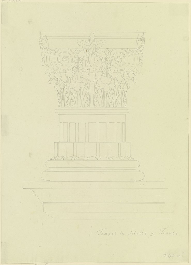Kompositkapitell, Abschnitte oberhalb und unterhalb der Entasis eines Säulenschaftes und eine Basis vom Tempel der Sibylle in Tivoli, Friedrich Maximilian Hessemer