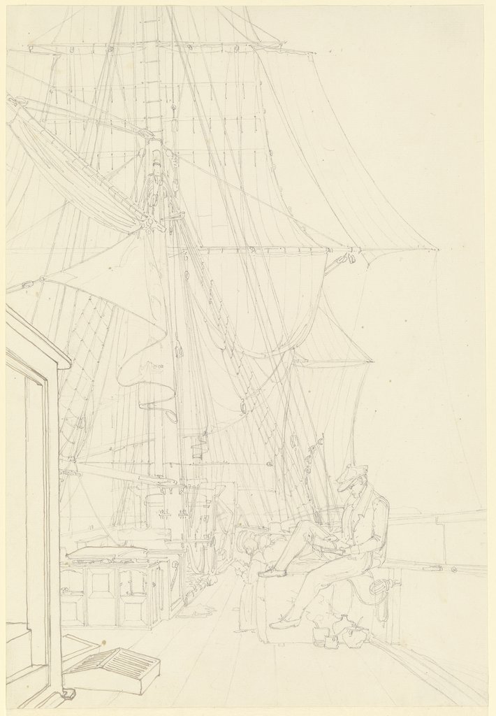 Mitreisender Jüngling lesend auf dem Deck eines Segelschiffes auf der Überfahrt nach Ägypten, Friedrich Maximilian Hessemer