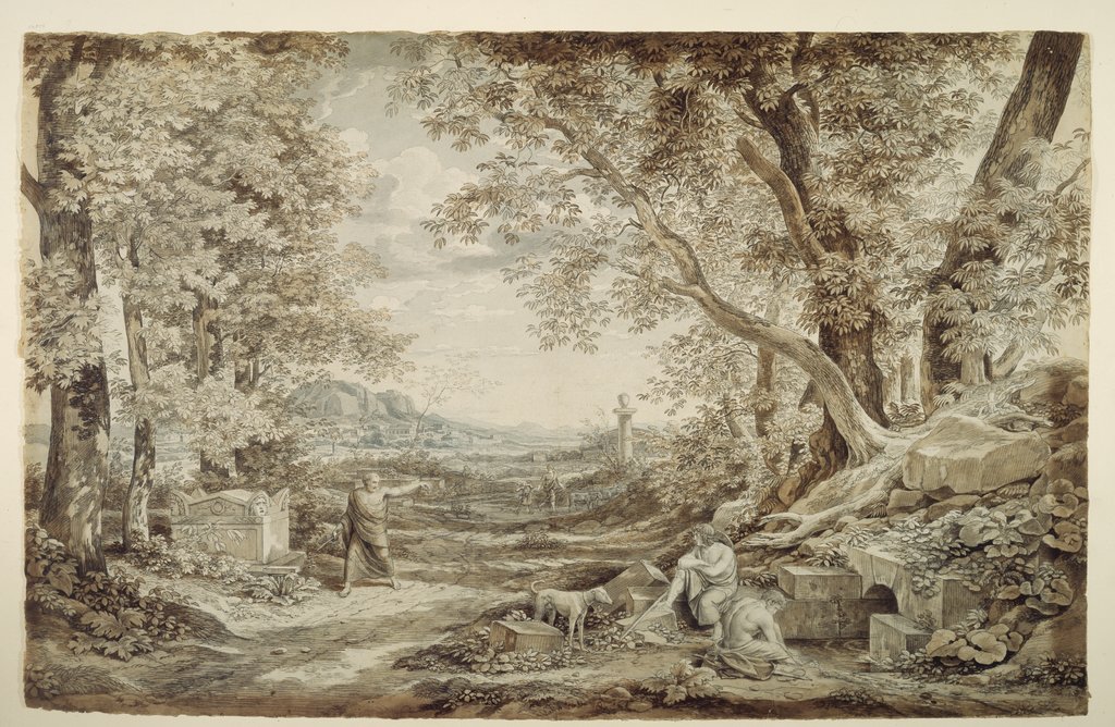 Landschaft mit antiken Denkmälern ("Die Erfindung des korinthischen Kapitels"), Johann Christian Reinhart
