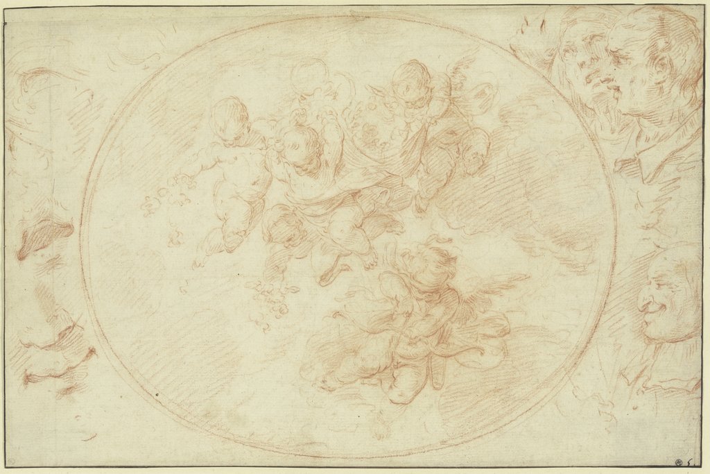 Amor mit Pfeil und Bogen, umgeben von Blumen streuenden Amouretten, am Rande einige Köpfe, Guido Reni;   ?