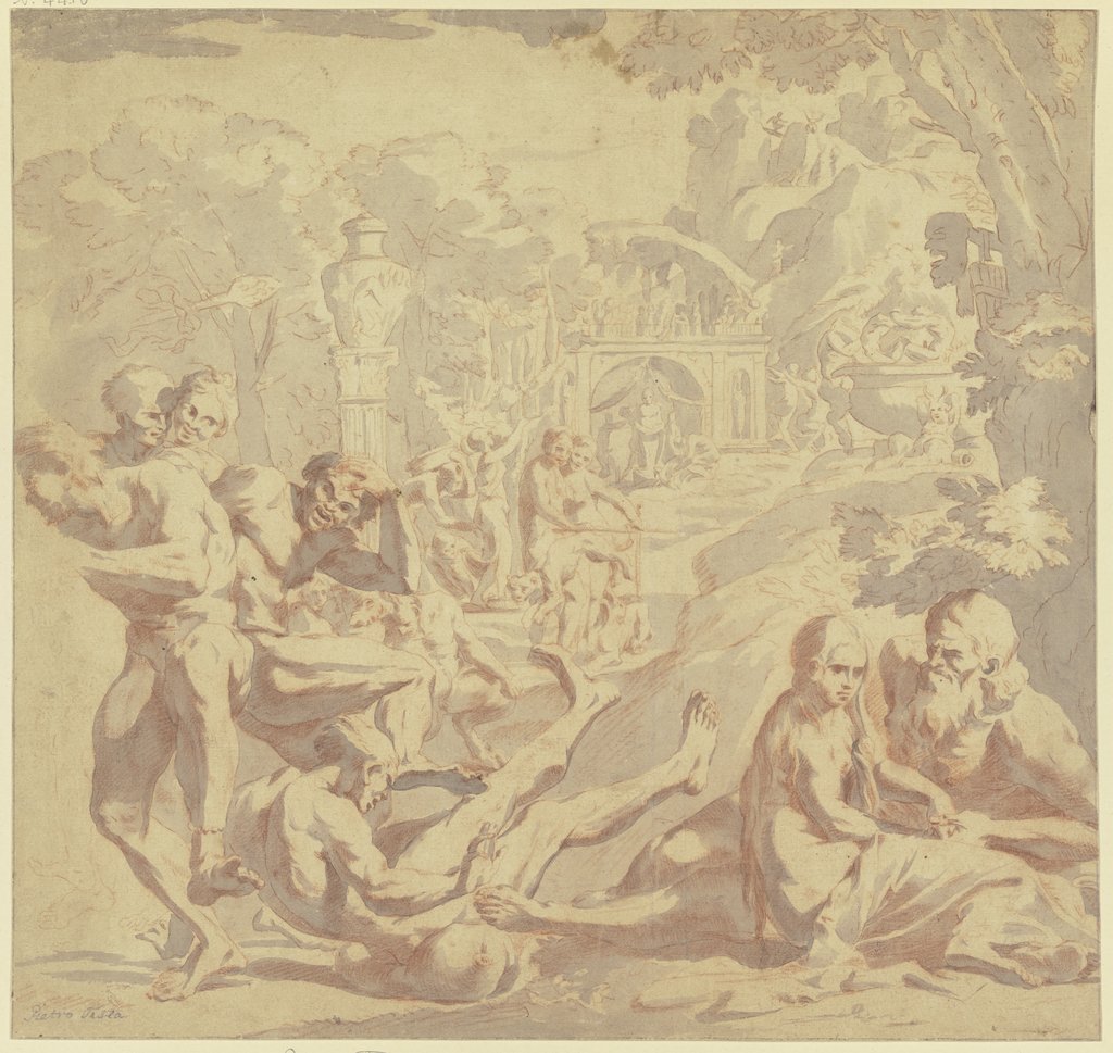 Bacchanal, rechts liebkost ein alter Mann ein Mädchen, links fällt ein Mann über einen Weinschlauch, Pietro Testa