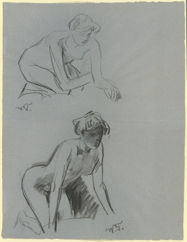 Zwei weibliche Akte, kauernd und kniend, Wilhelm Trübner