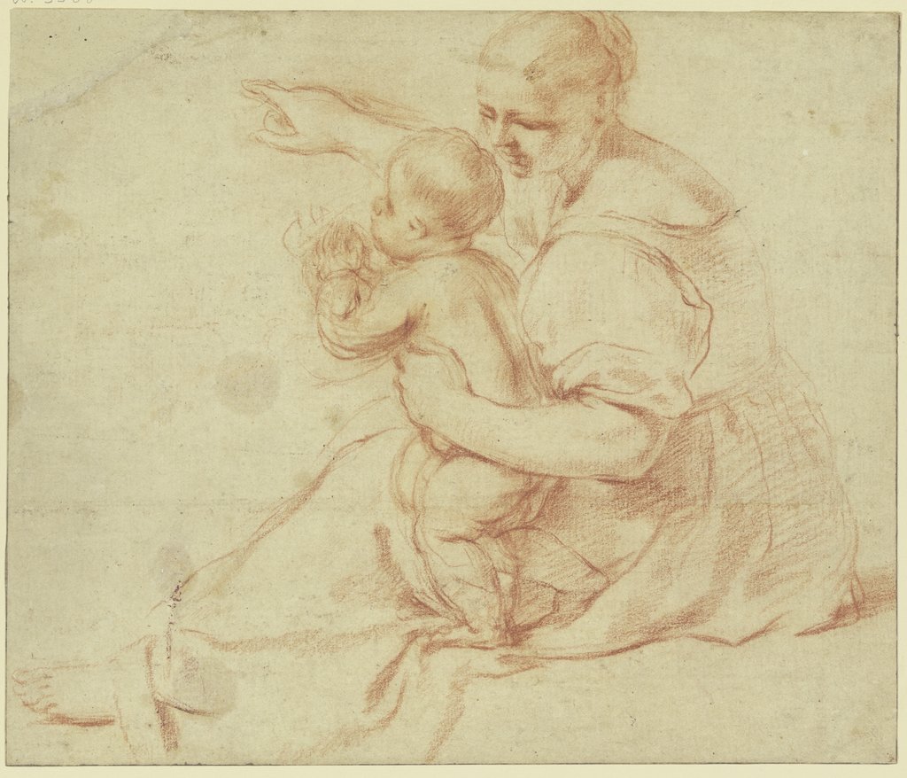 Auf der Erde sitzende Frau mit Kind, Italienisch, 17. Jahrhundert