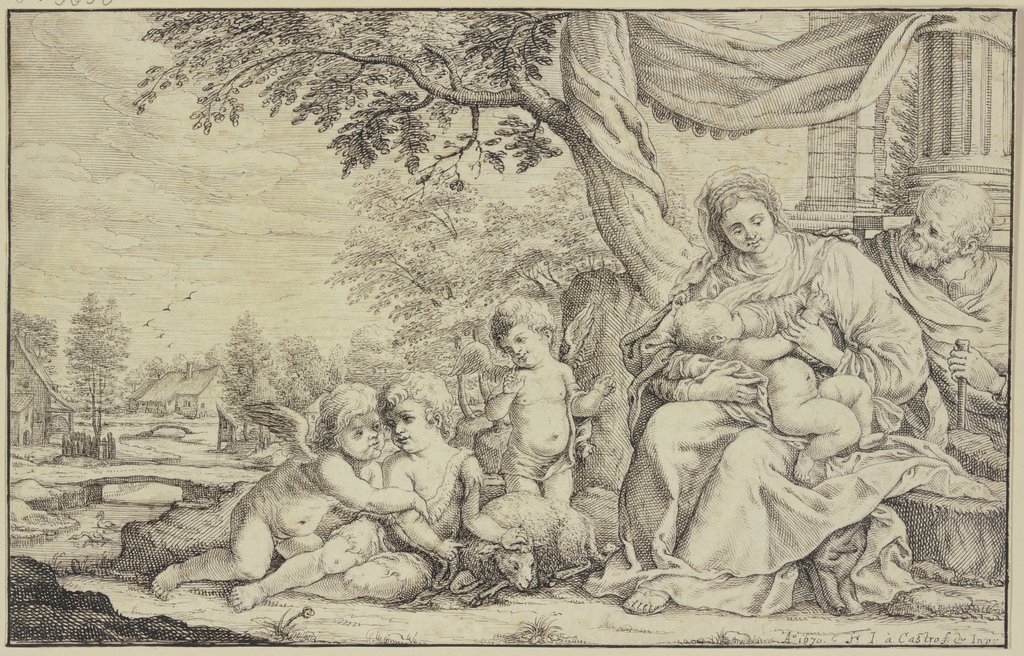Die Heilige Familie mit dem Johannesknaben und zwei Engeln, Italienisch, 17. Jahrhundert