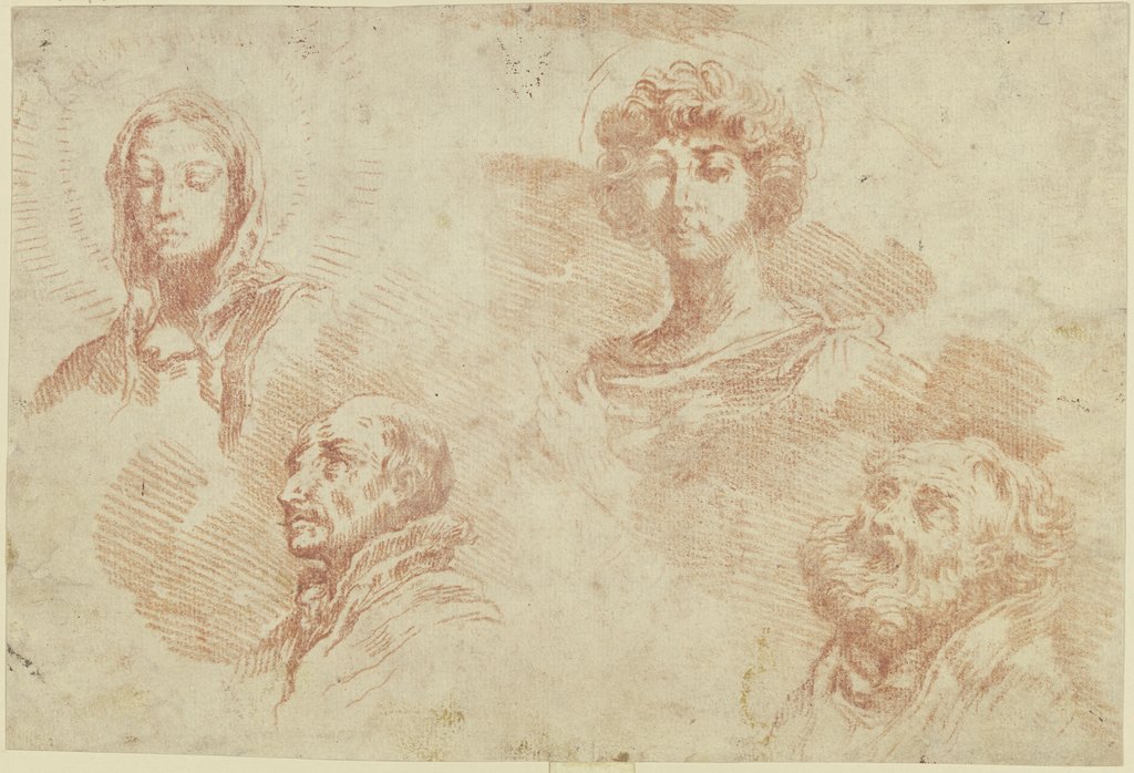 Studienblatt: Maria und drei männliche Heilige aus der "Palla della Peste", Italienisch, 17. Jahrhundert
