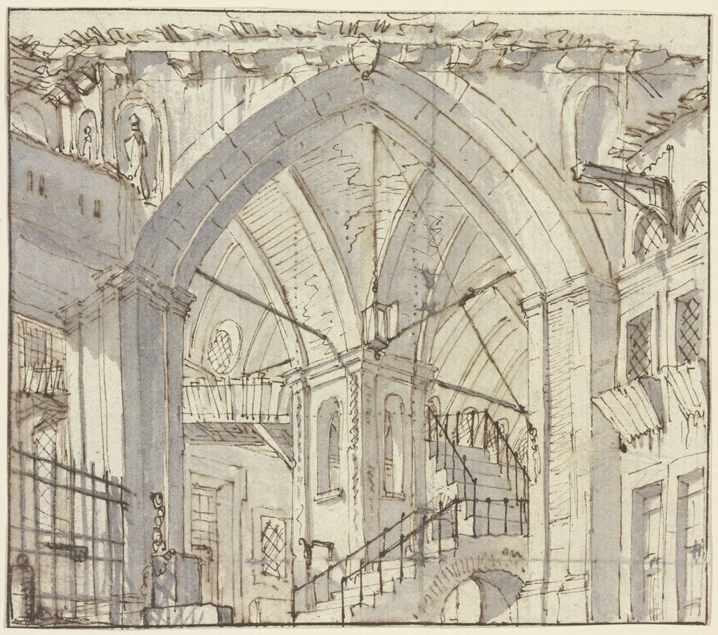 Treppenhaus eines alten Schlosses, Italienisch, 17. Jahrhundert