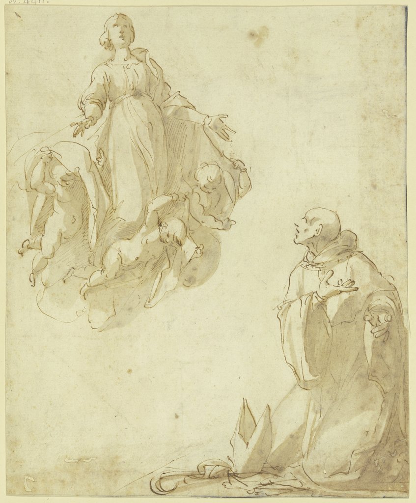 Maria von Engeln getragen erscheint einem knienden Bischof, Alessandro Tiarini;   ?