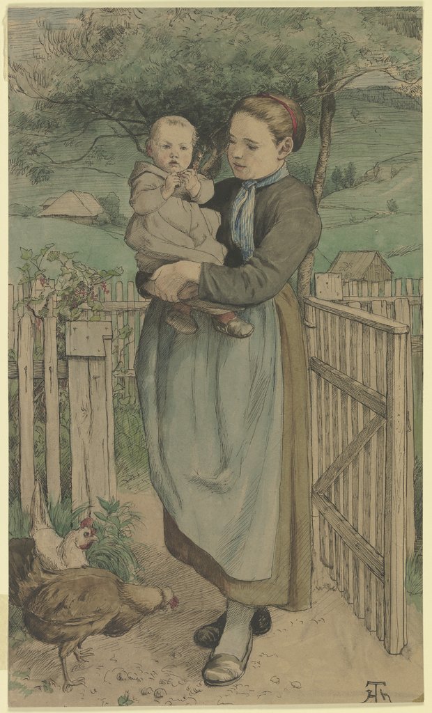 Bauernmädchen mit einem Kind auf dem Arm an einem Holzgitter stehend, Hans Thoma