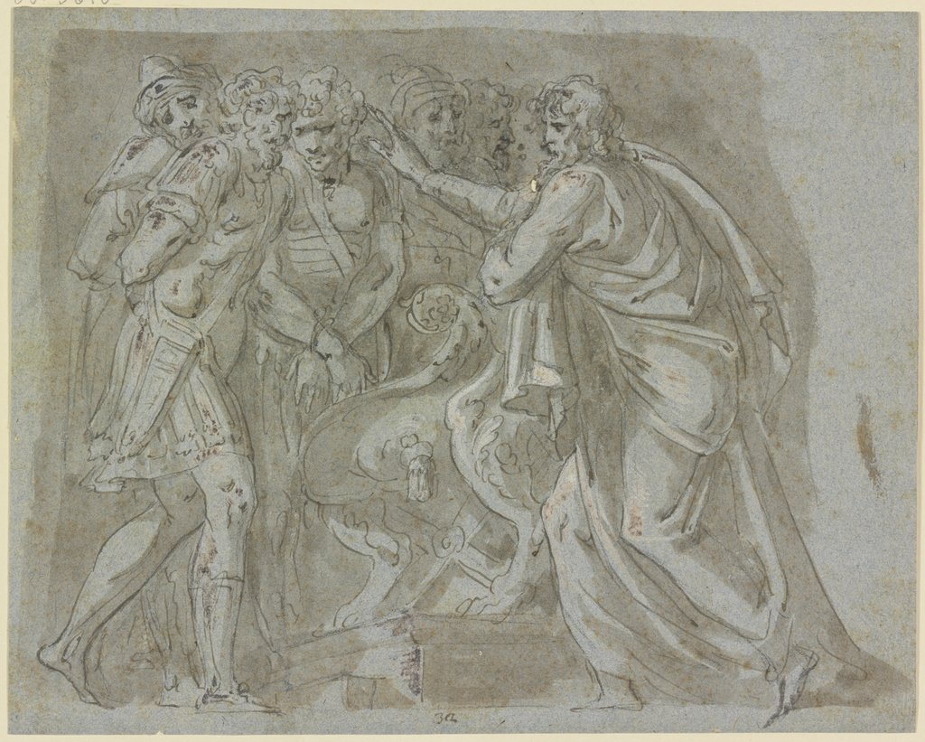 Gefangene werden von einem Feldherrn begnadigt, nach der Fassadenmalerei am Palazzo Milesi in Rom, Italienisch, 16. Jahrhundert