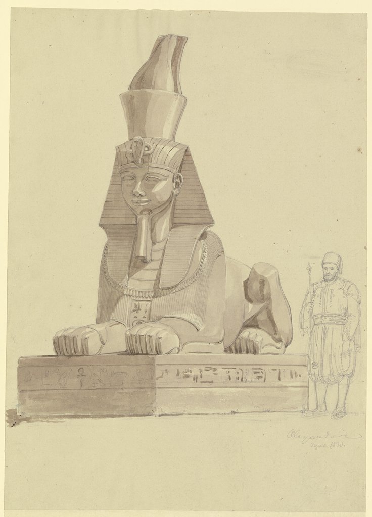 Ägyptische Sphinx in Alexandria, daneben ein Ägypter in traditioneller Tracht, Friedrich Maximilian Hessemer