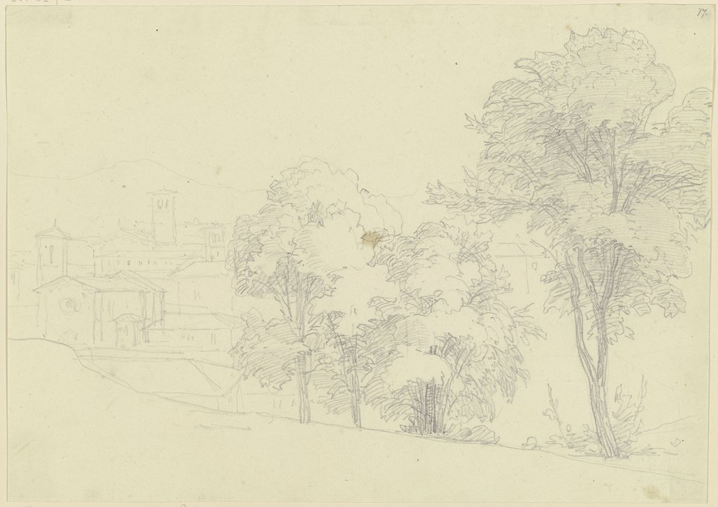 Baumgruppe, im Hintergrund eine italienische Stadt, Friedrich Maximilian Hessemer
