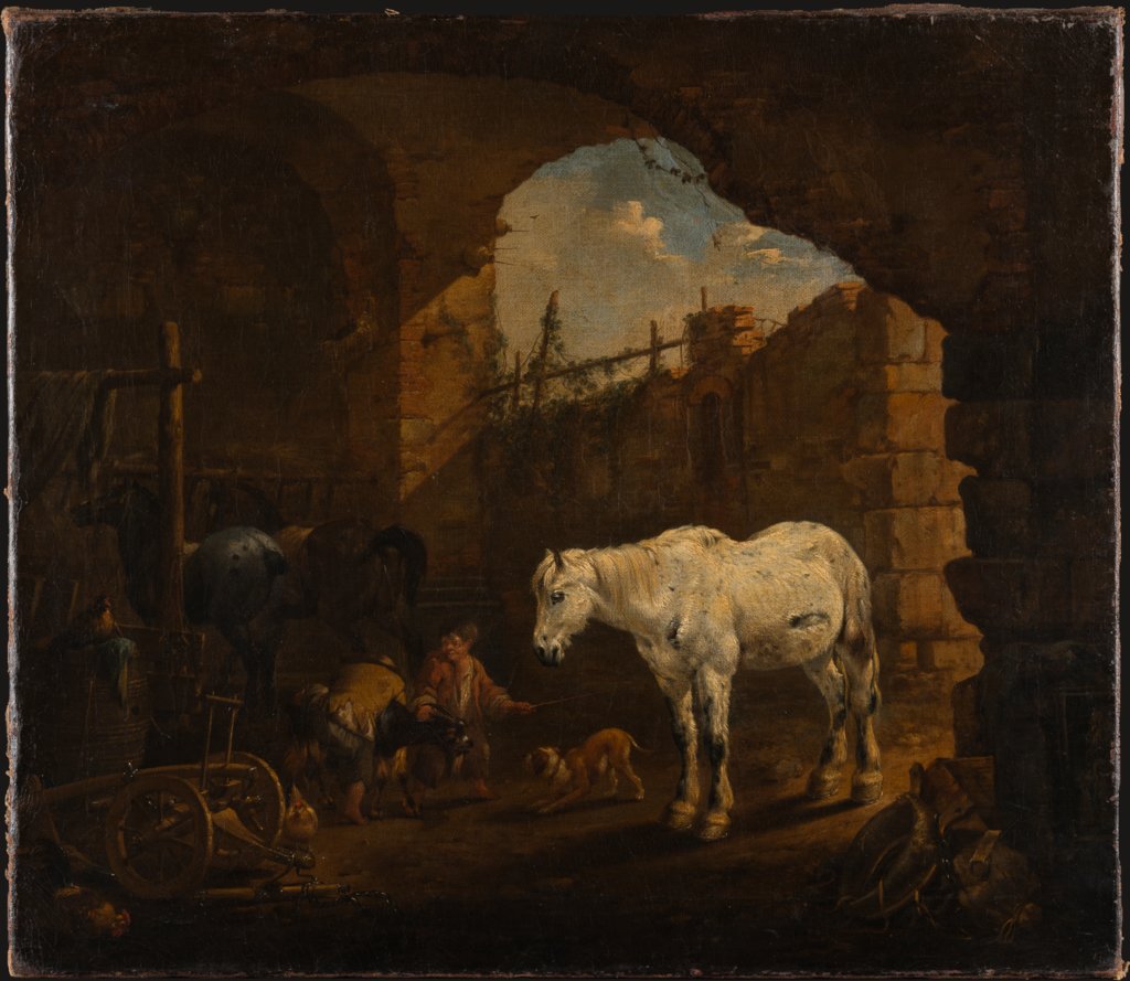 Children playing in a Stable, Johann Heinrich Roos