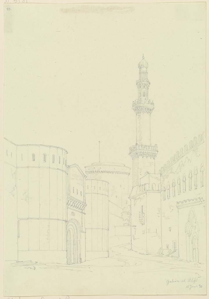 Gebäudeensemble mit Minarett in Galeon el Alfi, Friedrich Maximilian Hessemer