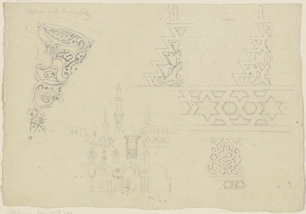 Geometrische und vegetabile Muster sowie eine Moschee, Friedrich Maximilian Hessemer