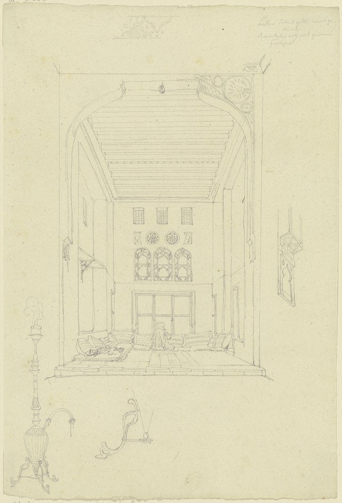 Mit Kissen ausgelegtes Interieur, links als Repoussoir eine qualmende Wasserpfeife sowie ein Detail ihres Fusses, Friedrich Maximilian Hessemer