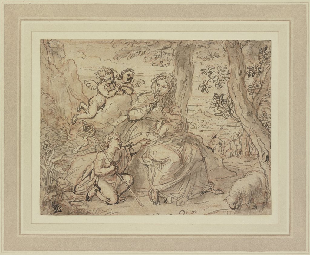 Maria mit dem schlafenden Jesuskind, die Muttergottes gebietet dem Johannesknaben und den Putten, Ruhe zu halten, Guido Reni;   ?
