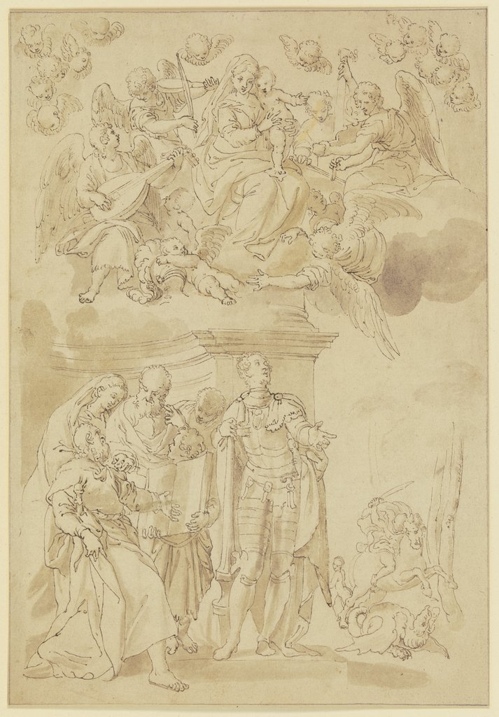 Der Heilige Georg nach der Überwindung des Drachens, über ihm schwebend die Jungfrau Maria, umgeben von musizierenden Engeln, Carlo Caliari