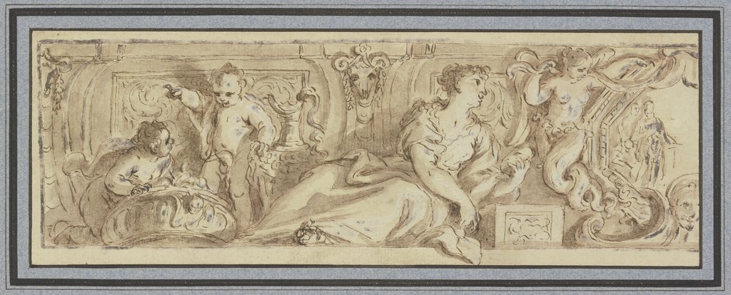 Friesartiges Ornament mit einer liegenden weiblichen Figur, zu ihren Füssen zwei Amoretten bei großen Gefäßen, Giovanni Battista Zelotti;   ?