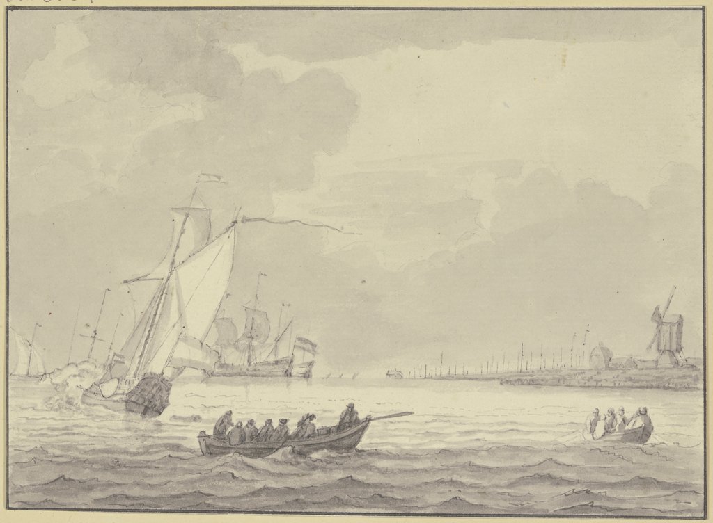 Leicht bewegte See, rechts Ufer mit Hafen und Windmühle, Ruderboote und Kanone, Jan Rood