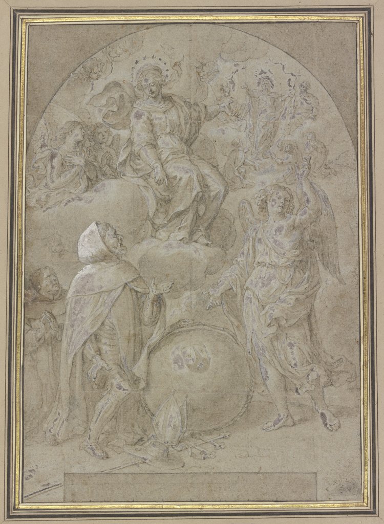 Geharnischter Mönch kniet vor einer Weltkugel, ein Engel deutet auf Maria, diese nach Christus, Cristoforo Roncalli