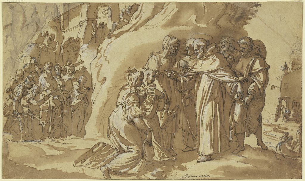 Eine Stadt, auf Felsen liegend, eine Menschenmenge kommt zu einem Mönch, der Brot an zwei Frauen austeilt, Cristoforo Roncalli;   ?, nach Bernardino Poccetti