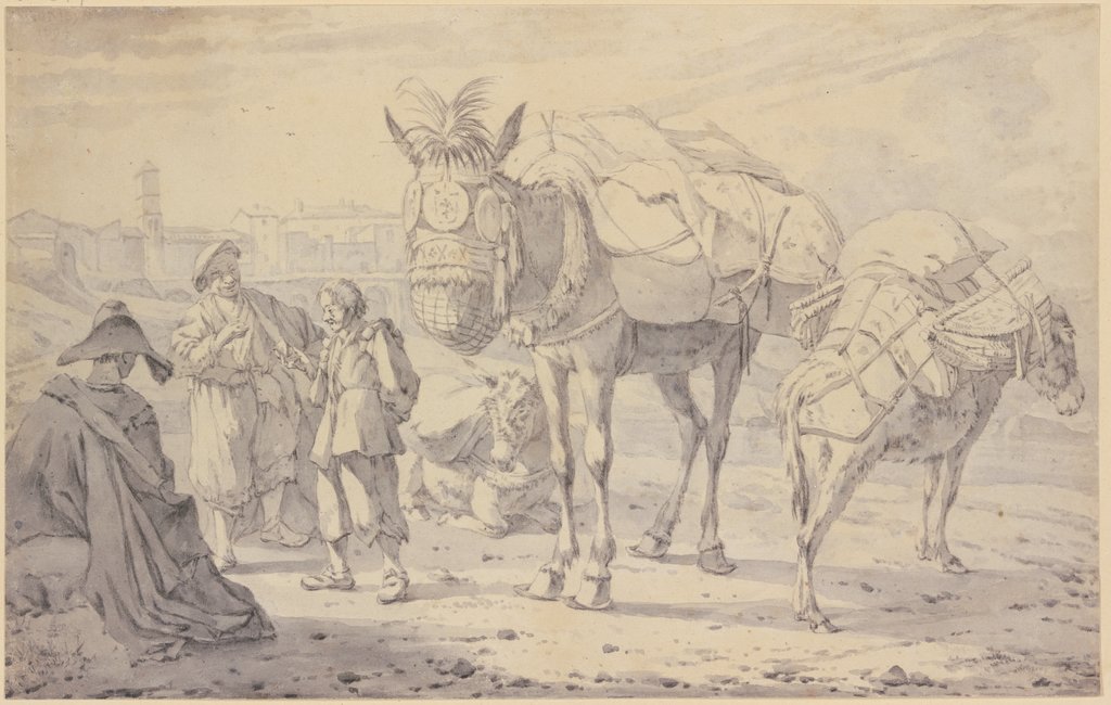 Zwei Esel und ein beladenes Maultier mit ihren Treibern, Willem Romeyn