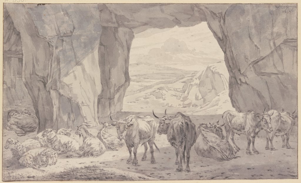 Fünf Ochsen, vier Schafe und zwei Ziegen bei dem schlafenden Hirten in einer Höhle, Willem Romeyn