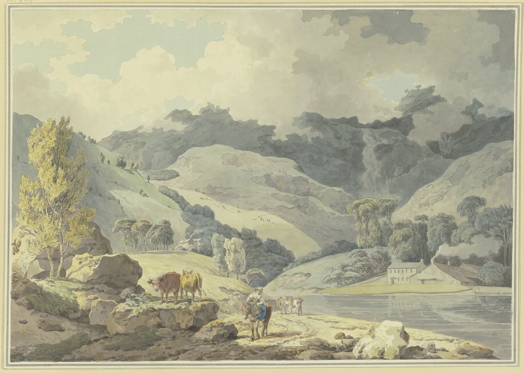 Gebirgslandschaft, auf dem Weg ein Mädchen zu Pferde, links zwei Kühe, Francis Wheatley