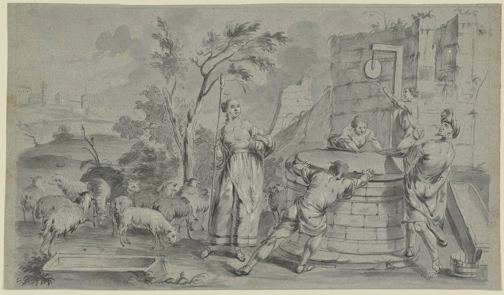Jakob öffnet den Brunnen von Haran, um Rahels Schafe zu tränken, German, 18th century