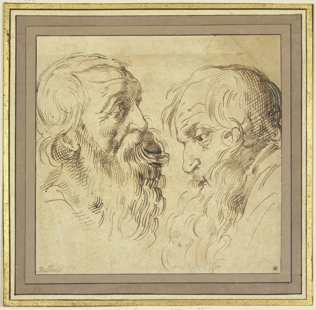 Studienblatt: Zwei bärtige Köpfe im Profil nach rechts und links, Peter Paul Rubens;   ?