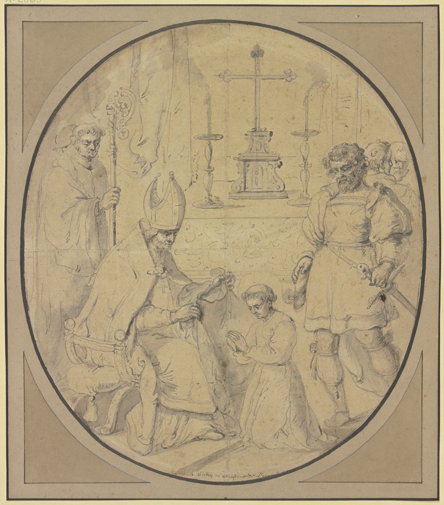 Ein junger Geistlicher mit Heiligenschein wird von einem Bischof mit einem Gewand bekleidet, rechts ein Krieger mit einem Schwert, Theodor Rombouts