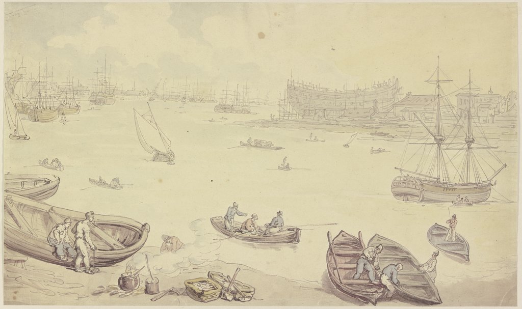 Fluß mit vielen Schiffen und einer Werft, Thomas Rowlandson