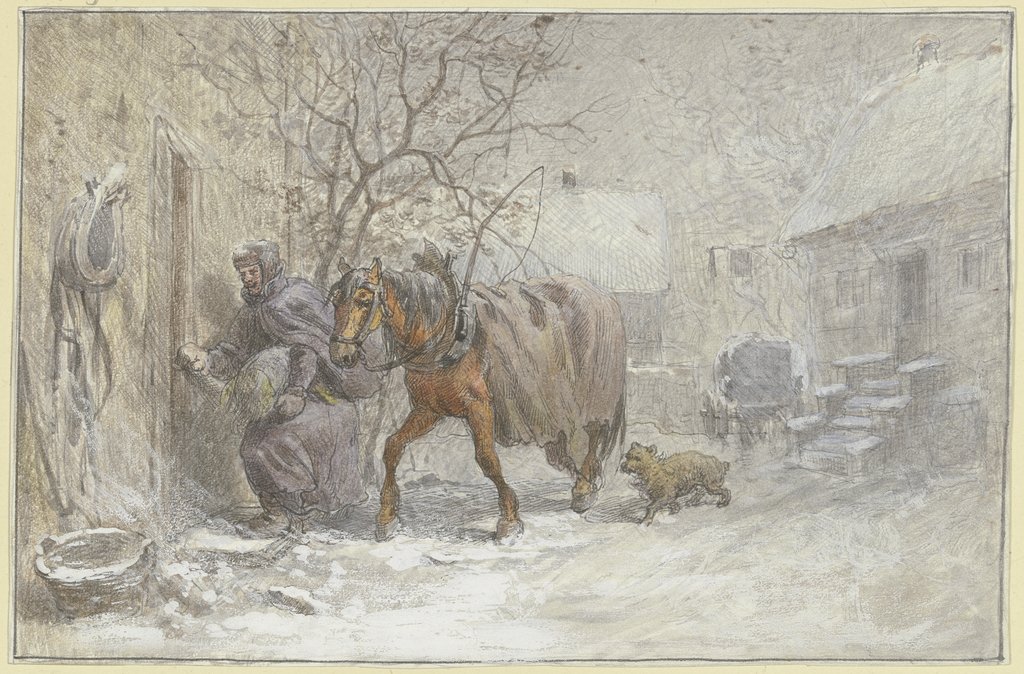 Gutshof im Winter, ein Pferd wird vom Kutscher in den Stall geführt, Heinrich Winter