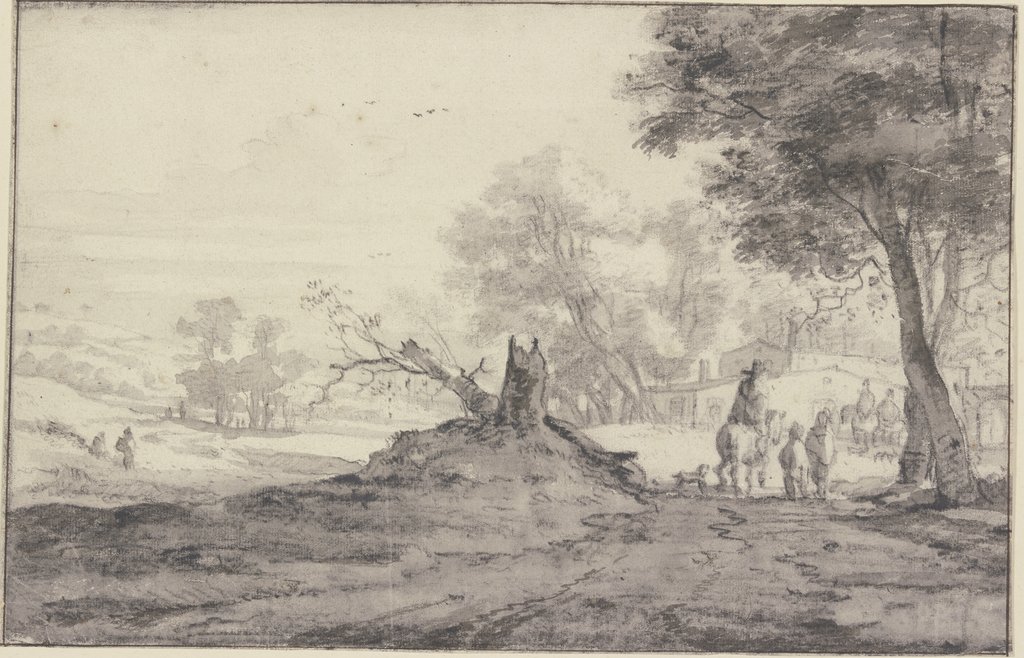 Landschaft mit Bäumen und Häusern, in der Mitte die Reste eines abgehauenen Baumes, Reiter und Fußgänger, Roelant Roghman