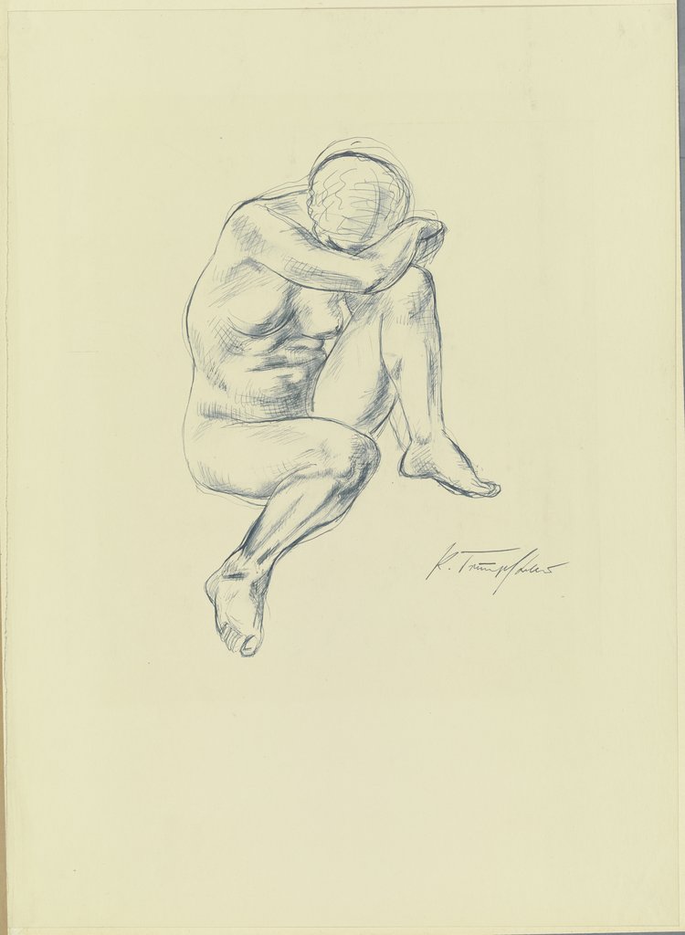 Sitzendes weiblicher Akt, den Kopf und den linken Arm auf das angezogene rechte Knie gelegt, Karl Trumpfheller