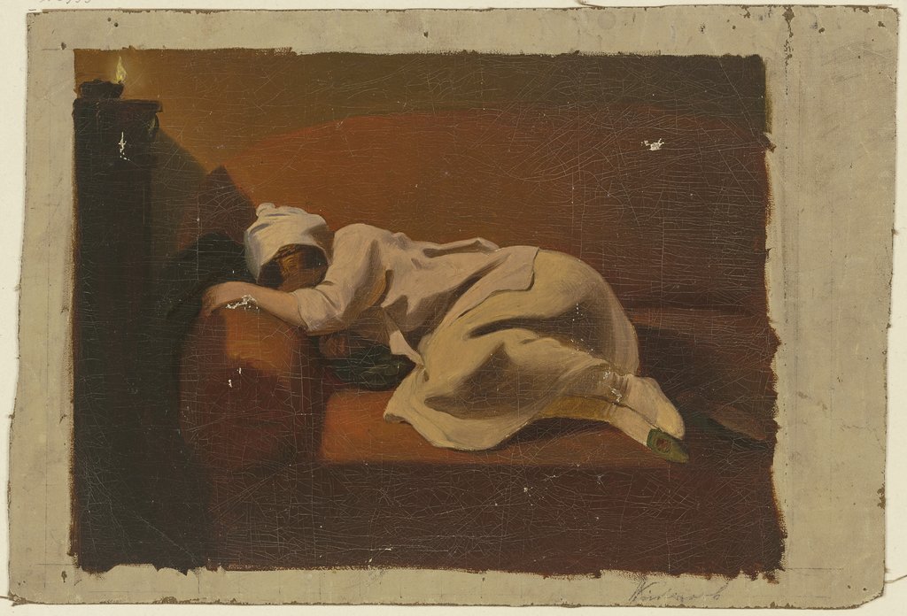 Schlafende Frau auf rotem Sofa, Philipp Winterwerb