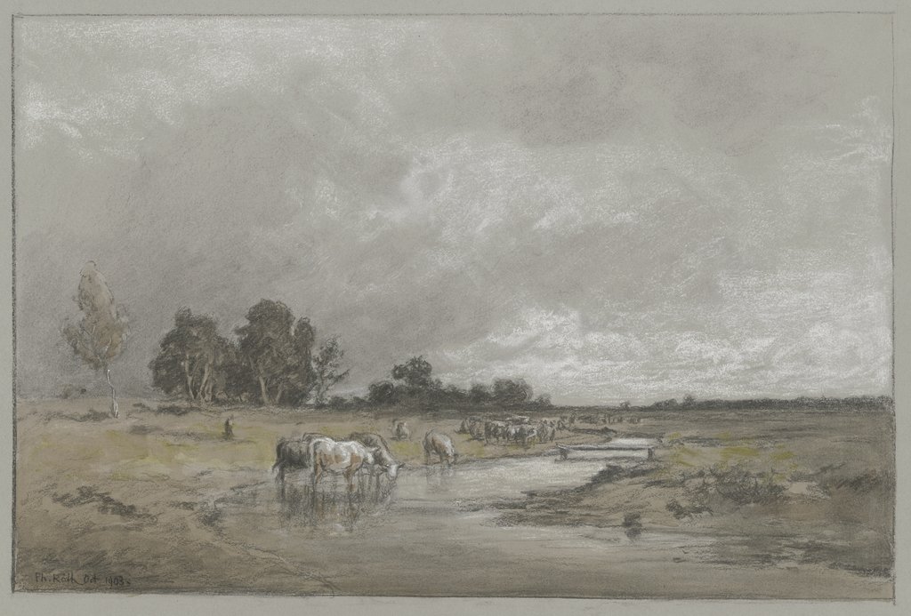 Wiesenlandschaft mit trinkender Herde, Philipp Röth