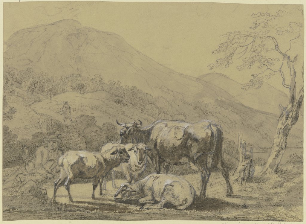Hirte mit einer Kuh und drei Schafen in einer Gebirgslandschaft, Max Joseph Wagenbauer