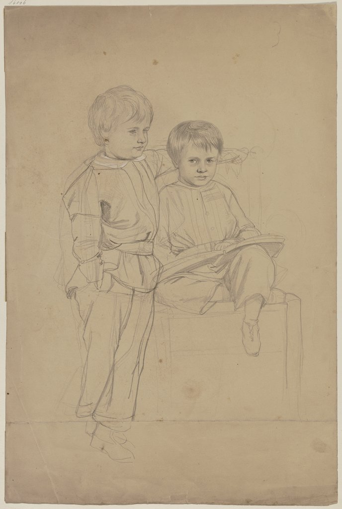 Porträt zweier kleiner Jungen: einer auf einem Stuhl sitzend, ein Buch in der Hand, der andere links von ihm, Philipp Winterwerb