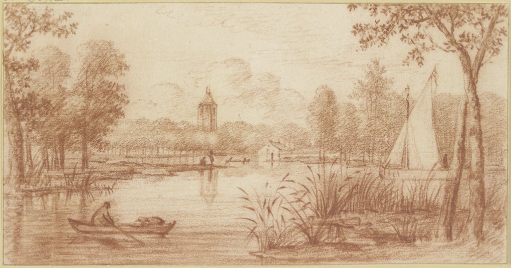 Flussgegend zwischen Bäumen, rechts ein Segelschiff, links ein Boot, im Hintergrund ein Turm, Abraham Rutgers
