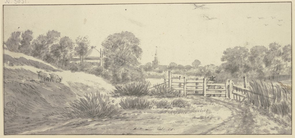 Landschaft mit Zaun, Hirte mit Hund, links zwei Ziegen, Cornelis Saftleven