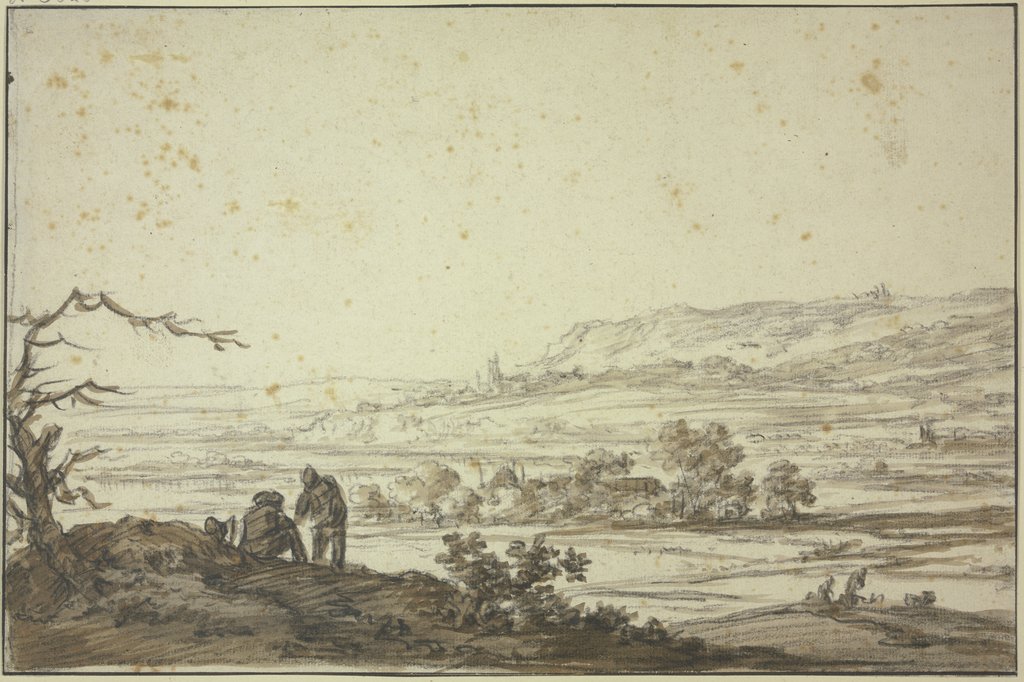 Landschaft, vorne links an einem dürren Baum zwei Figuren, Herman Saftleven III
