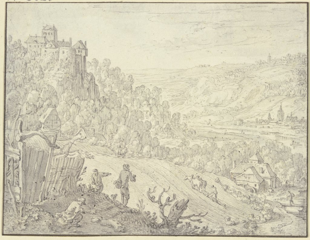 Landschaft mit Felsenschloß, im Tal eine Mühle, Herman Saftleven III
