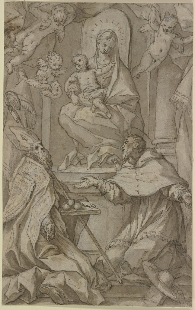 Thronende Madonna mit dem Heiligen Nikolaus und einem heiligen Kardinal, Giovanni Andrea Sirani;   ?