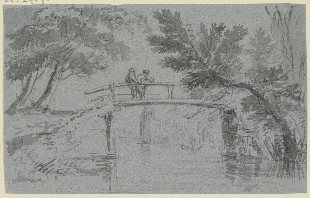 Holzbrücke über einem Kanal, darauf zwei Männer, Hendrik Spilman