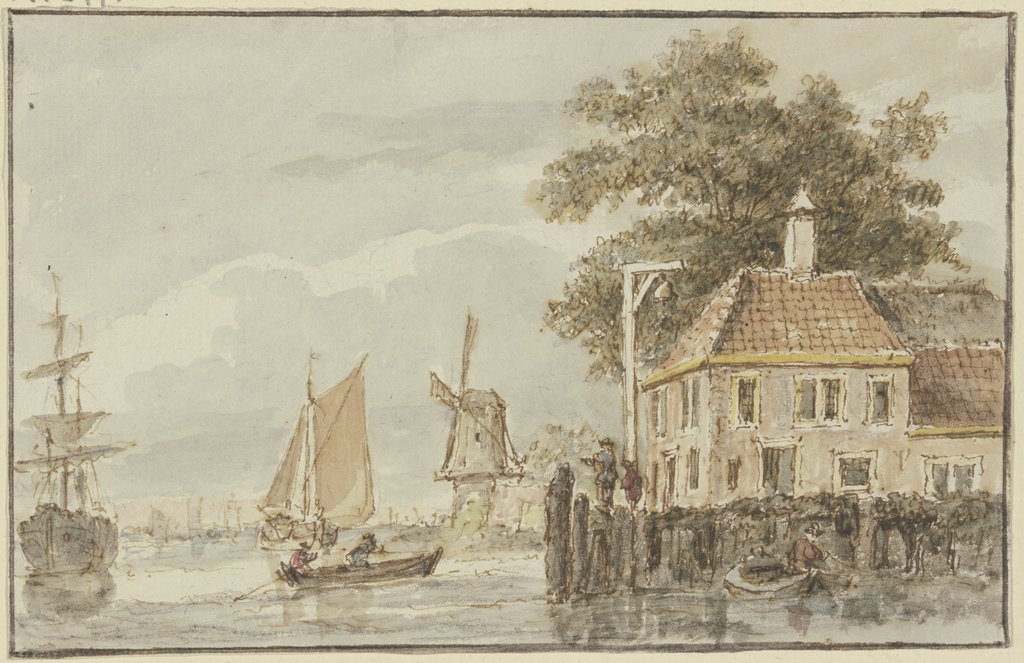 Haus am Wasser und Windmühle, dabei mehrere Schiffe, Hendrik Spilman