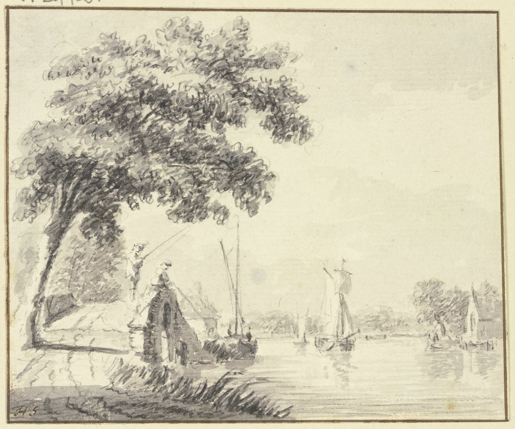 Steinerne Brücke mit zwei Anglern bei einem Fluß, Hendrik Spilman